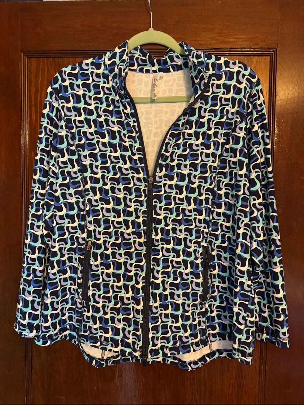 Lulu-B Navy, Light Blue & White Geometric Zip Jacket